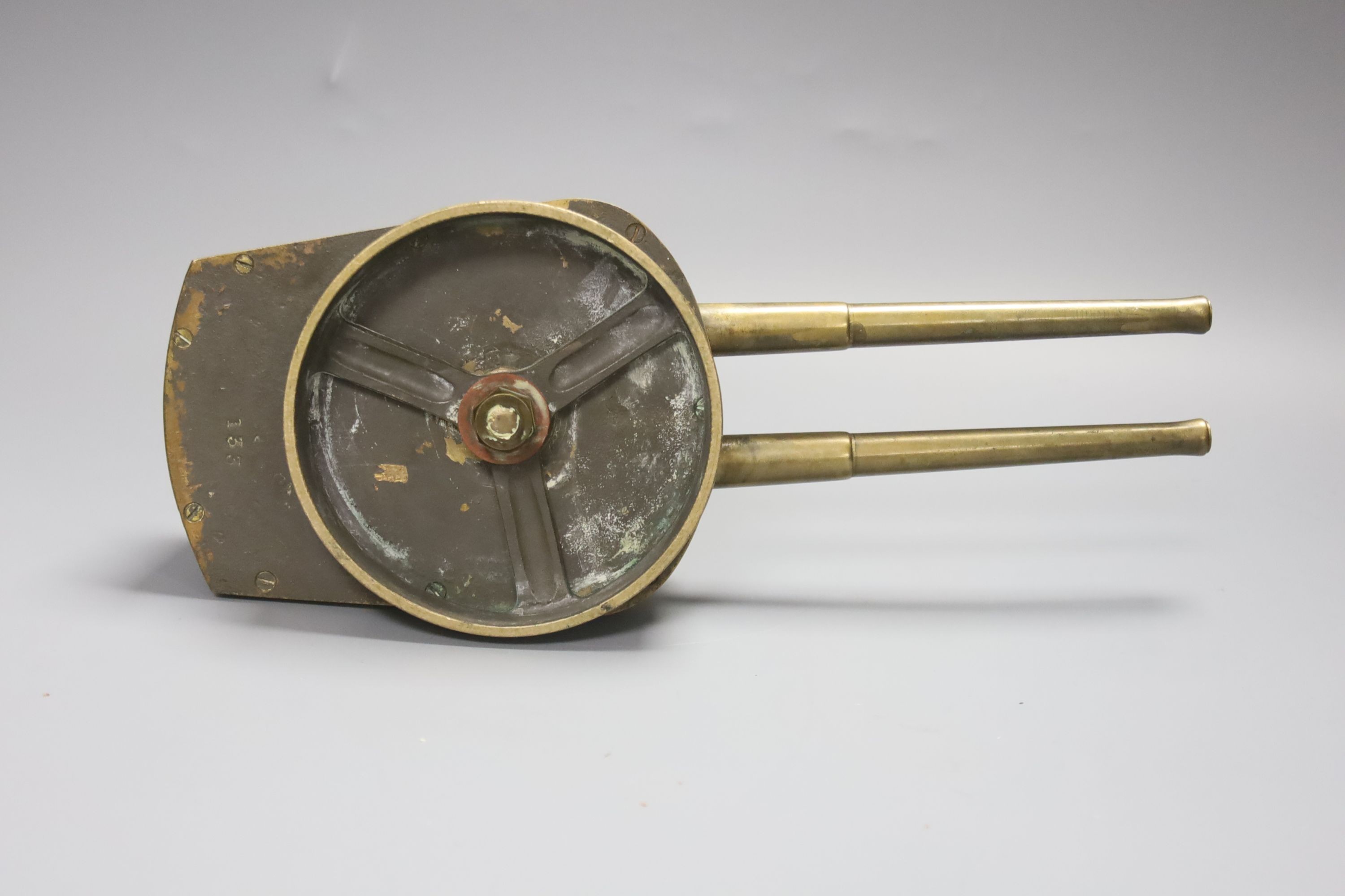 An early 20th century trench art gun turret cigarette case, cedar wood lining, 29cm